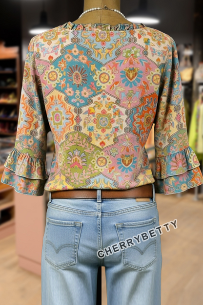 Retro Floral Print V-Neck Ruffle Sleeve Top
