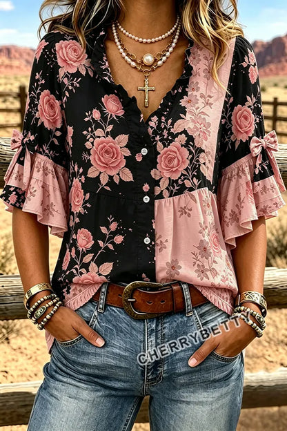 Mixed Floral Print Ruffle Neck Bow Decor Half Sleeve Blouse