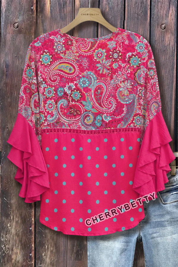 Vintage Paisley Print V-Neck Hollow Out Top