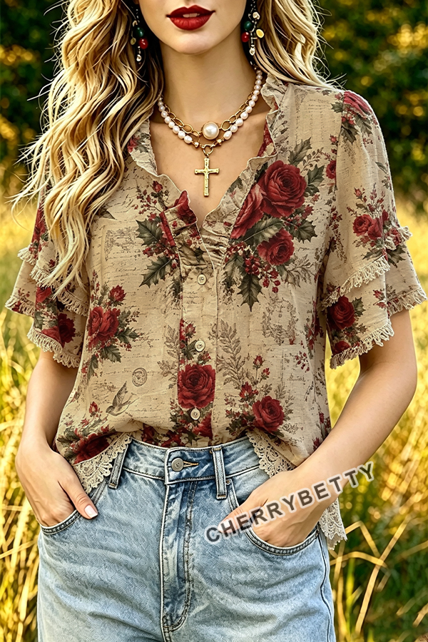 Vintage Floral Print Ruffle Sleeve Lace Patch Top