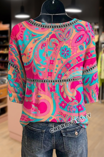 Colorful Paisley Floral Print  Hollow Out Cotton Top