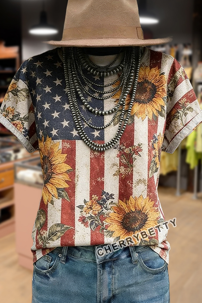 Retro Sunflower Flag Print T-Shirt