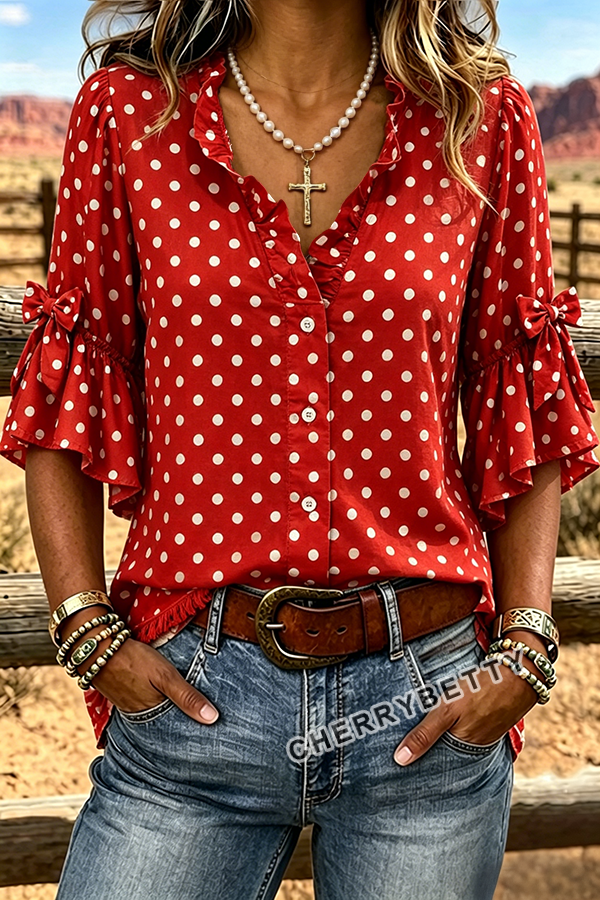 Chic Polka Dot Print Ruffle Neck Bow Decor Half Sleeve Blouse