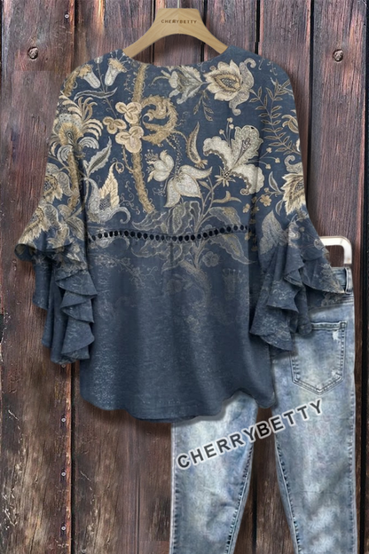 Vintage Floral Print Hollow Out Ruffle Sleeve Top