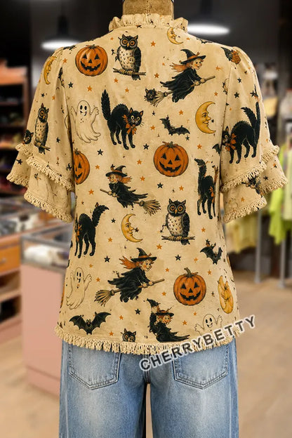 Funny Halloween Print Ruffle Neck Frayed Hem Top