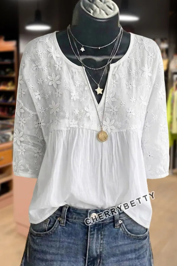 Vintage Floral Embroidered V-Neck Cotton Top
