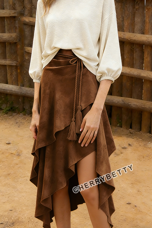Western Irregular Tassel Design Suede Skirt