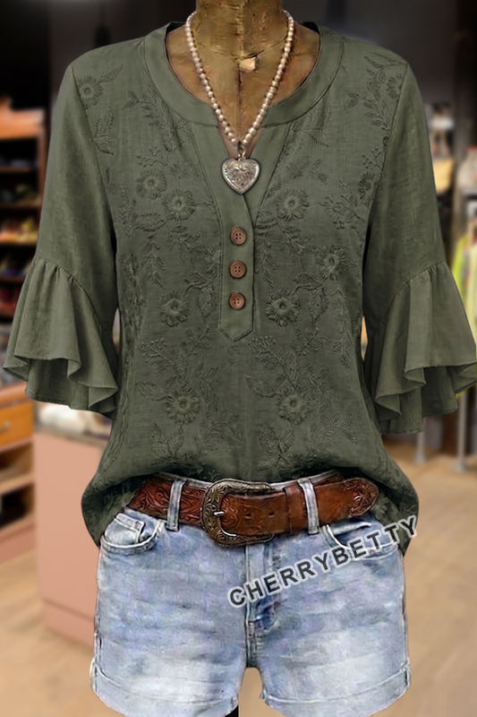 Vintage Flower Embroidered Notch Neck Ruffle Sleeve Blouse