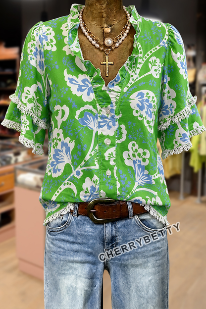 Retro Floral Print Ruffle Neck Frayed Hem Top