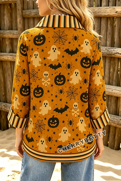 Halloween Ghost Pumpkin Print Striped Collar Three Quater Sleeve Blouse