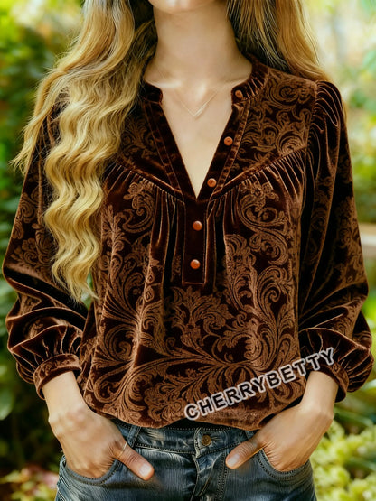 Retro Paisley Print Split Neck Velvet Top